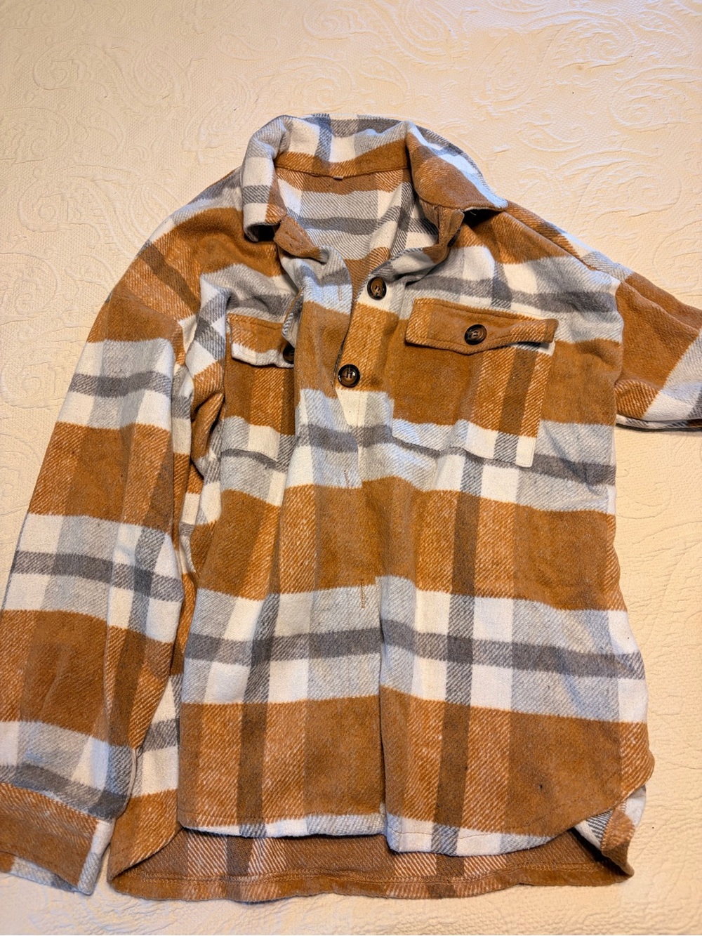 Plaid Button-Front Shirt Jacket - Camel & Cream